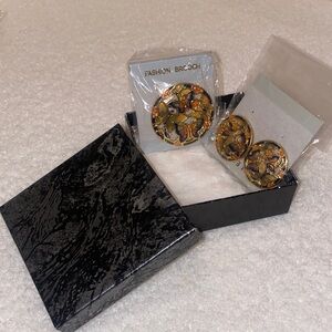 Gold and Black Fashion Brooch & Earrings Set